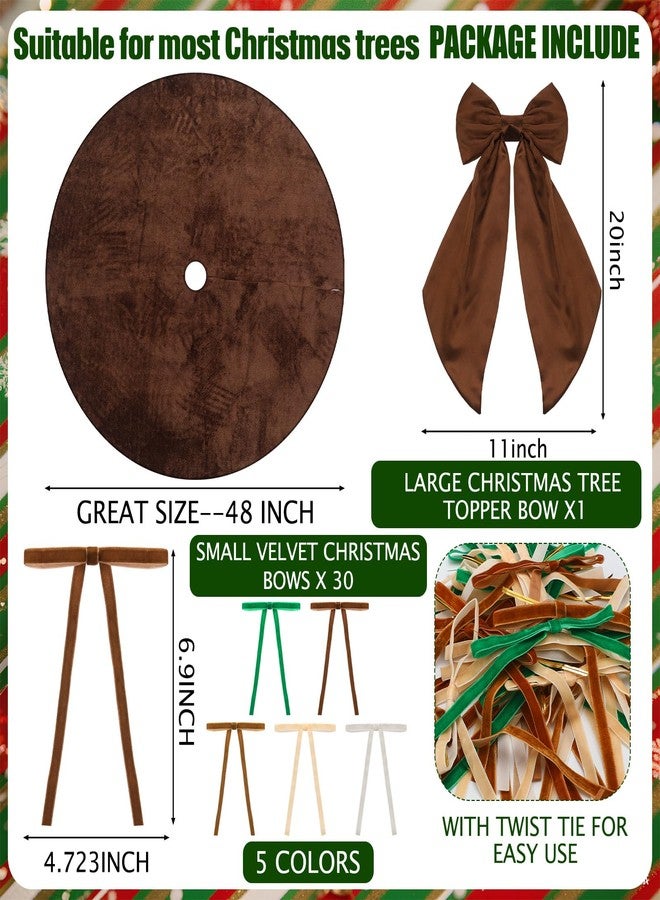 Vertintong 32 Pcs Vintage Brown Christmas Tree Decorations Brown Velvet Xmas Tree Skirt Large Topper Bow Christmas Ribbon Garland Wreath Ornament for Xmas Party Indoor Outdoor Decor - Image 2